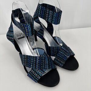 Impo Stretch Size 8M Black & Blues TETRIS Elastic‎ Ankle Strap Heel Sandals NEW